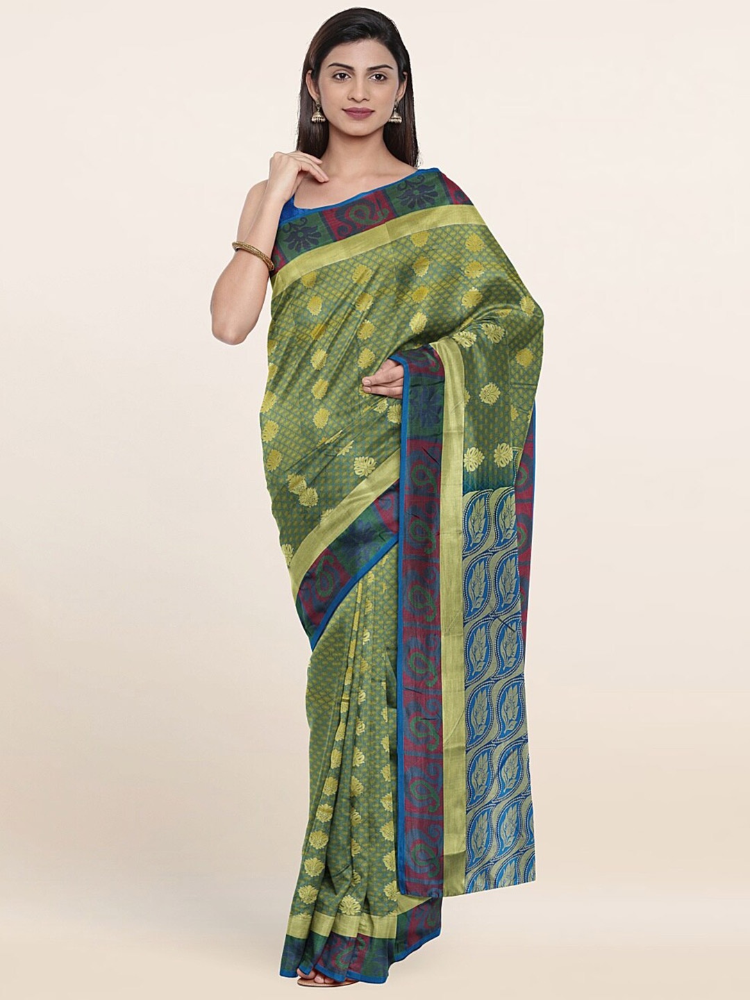 

Pothys Green & Blue Floral Zari Pure Silk Saree