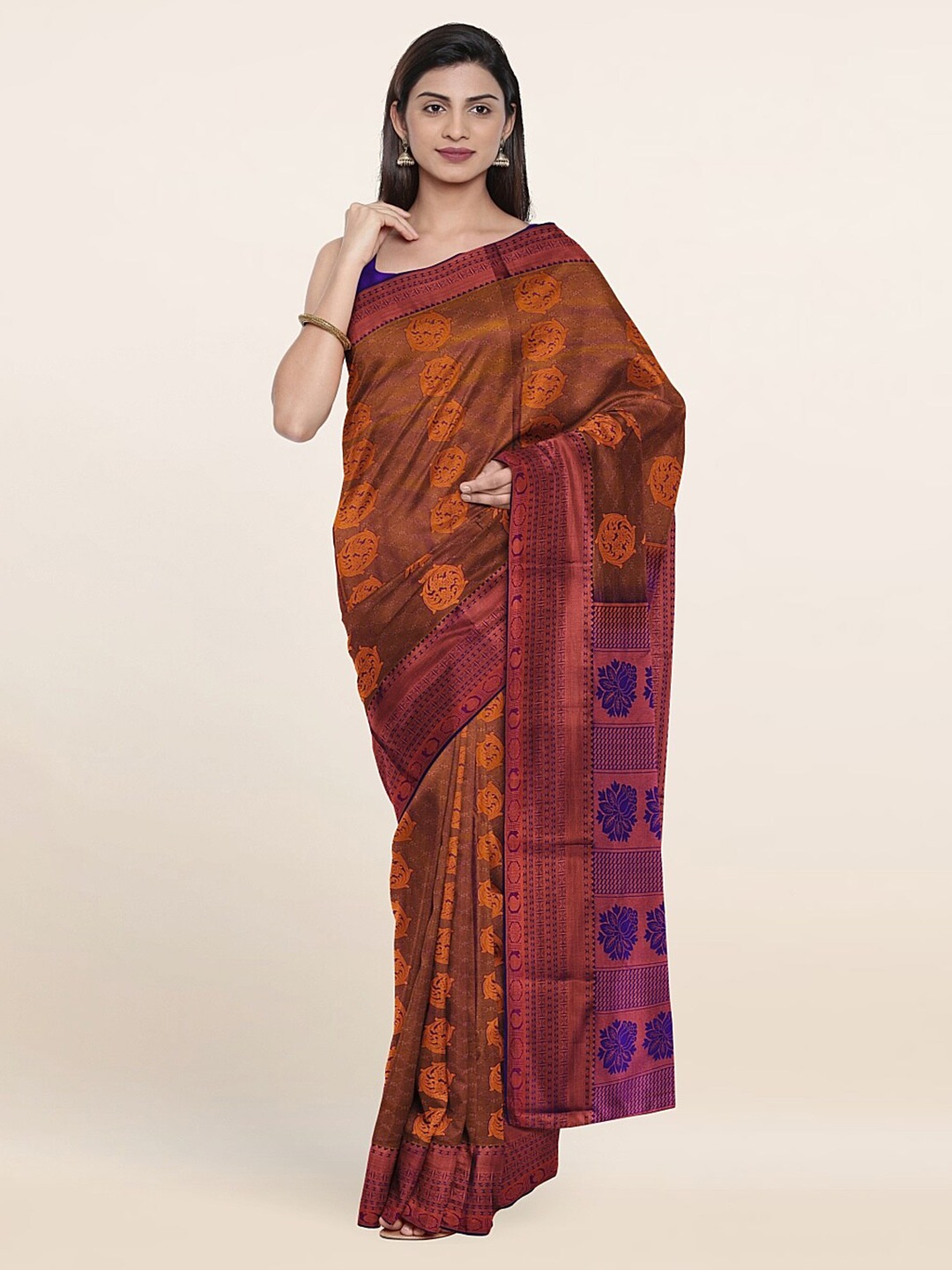 

Pothys Copper-Toned & Blue Floral Zari Pure Silk Saree