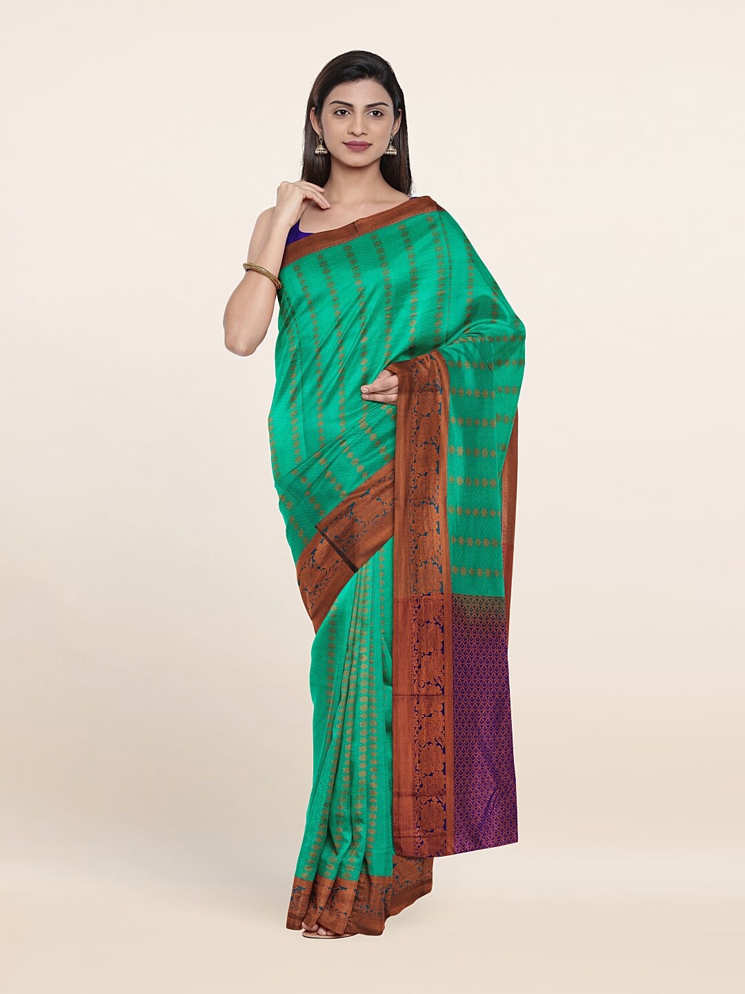 

Pothys Sea Green & Purple Ethnic Motifs Zari Pure Silk Saree