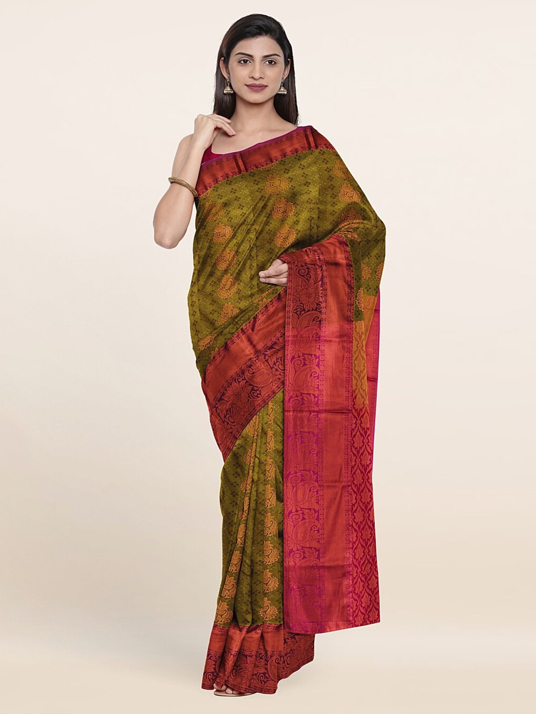 

Pothys Green & Red Floral Zari Pure Silk Saree