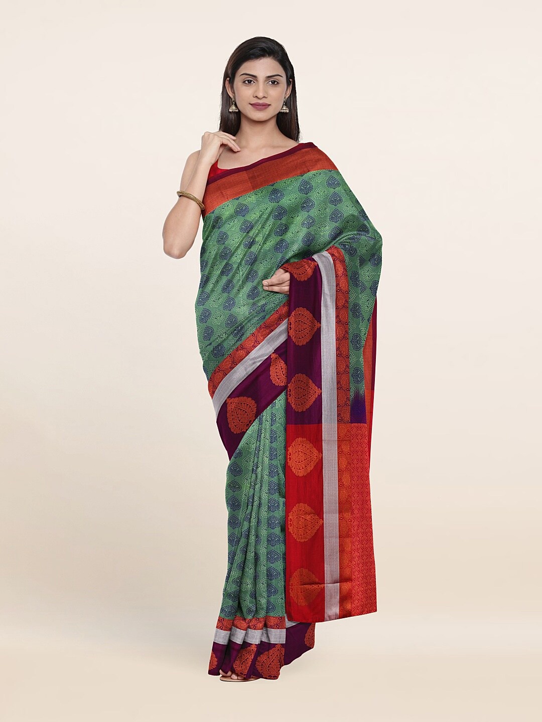 

Pothys Green & Red Floral Pure Silk Saree