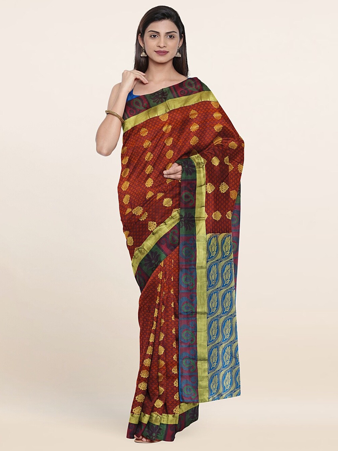 

Pothys Rust & Blue Floral Zari Pure Silk Saree