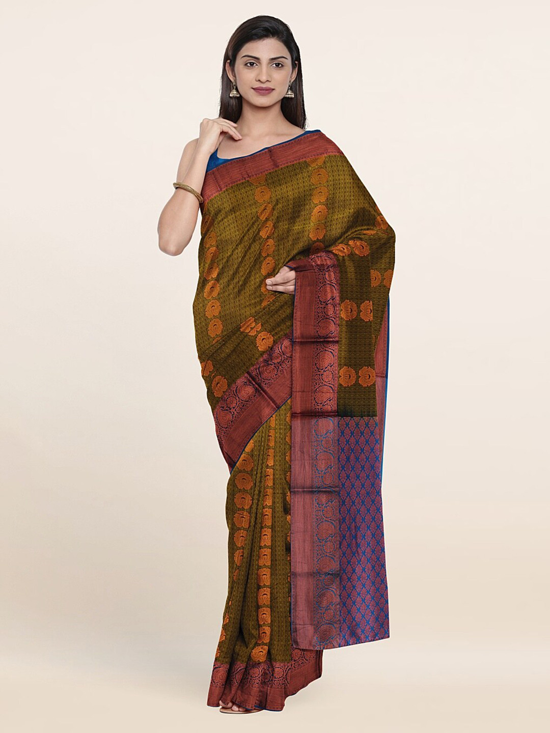 

Pothys Green & Brown Ethnic Motifs Zari Pure Silk Saree