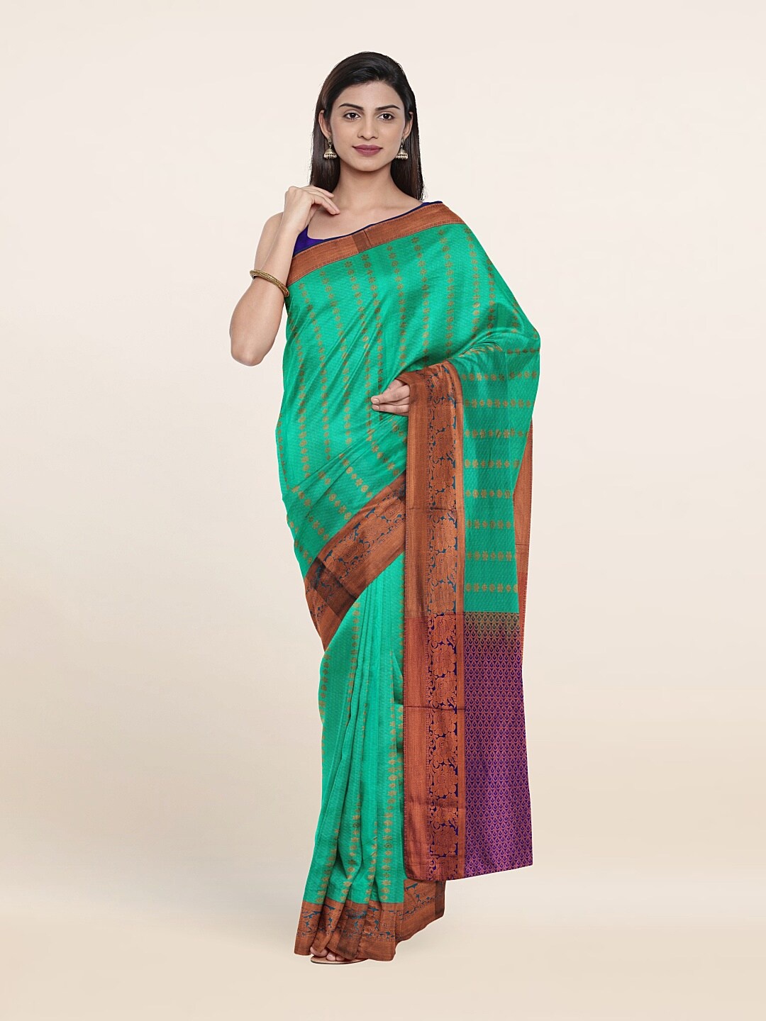 

Pothys Sea Green & Purple Ethnic Motifs Pure Silk Saree