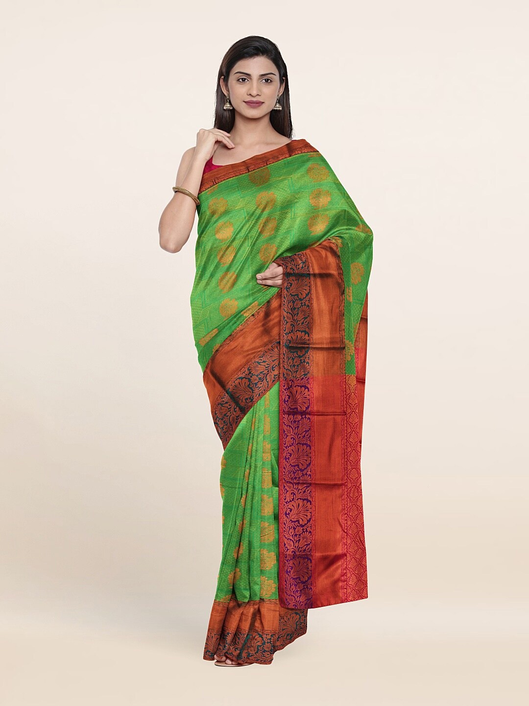 

Pothys Green & Red Floral Zari Pure Silk Saree