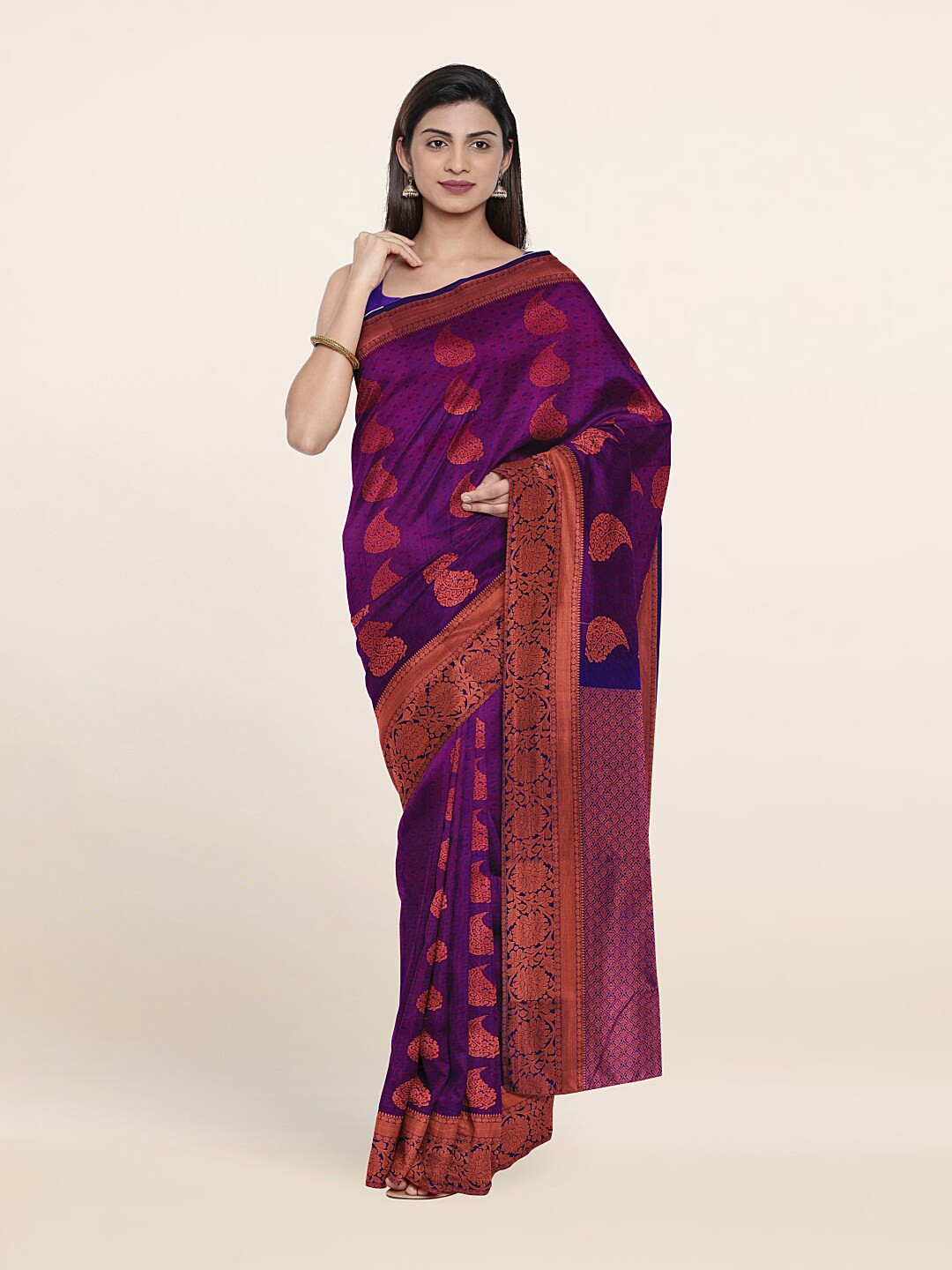 

Pothys Violet & Golden Floral Zari Pure Silk Saree