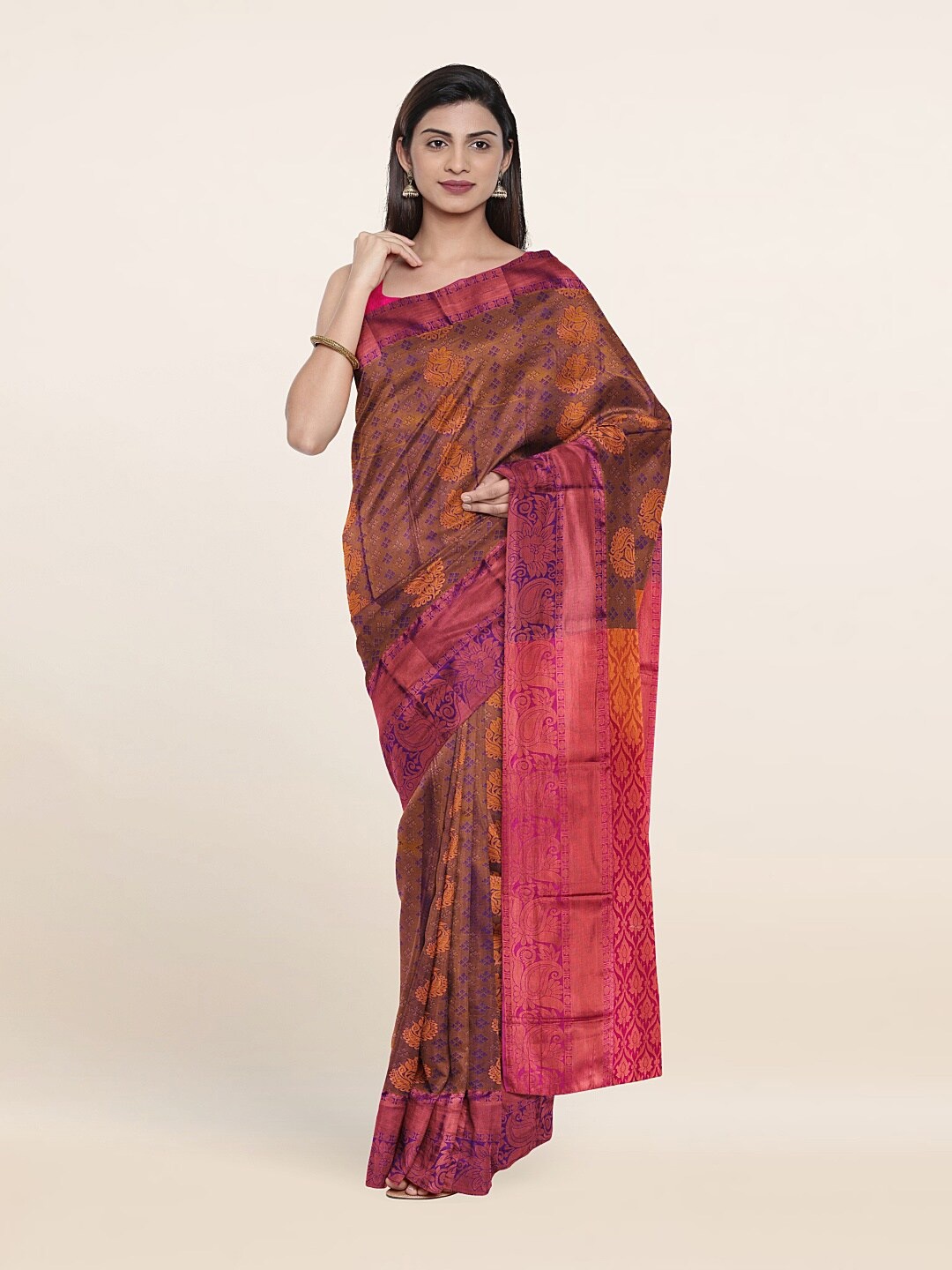 

Pothys Violet & Golden Floral Zari Pure Silk Saree