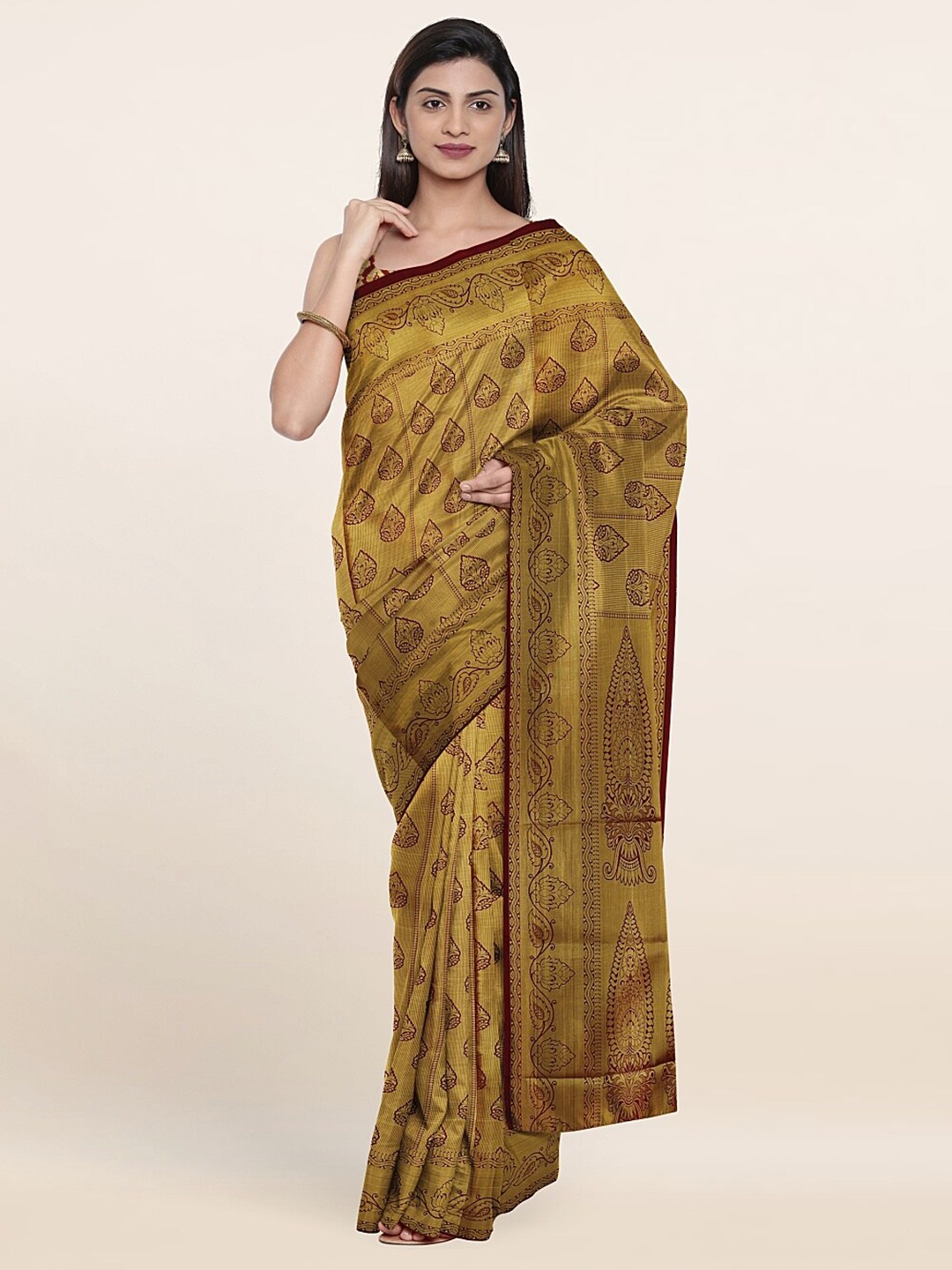 

Pothys Maroon & Golden Ethnic Motifs Pure Silk Saree