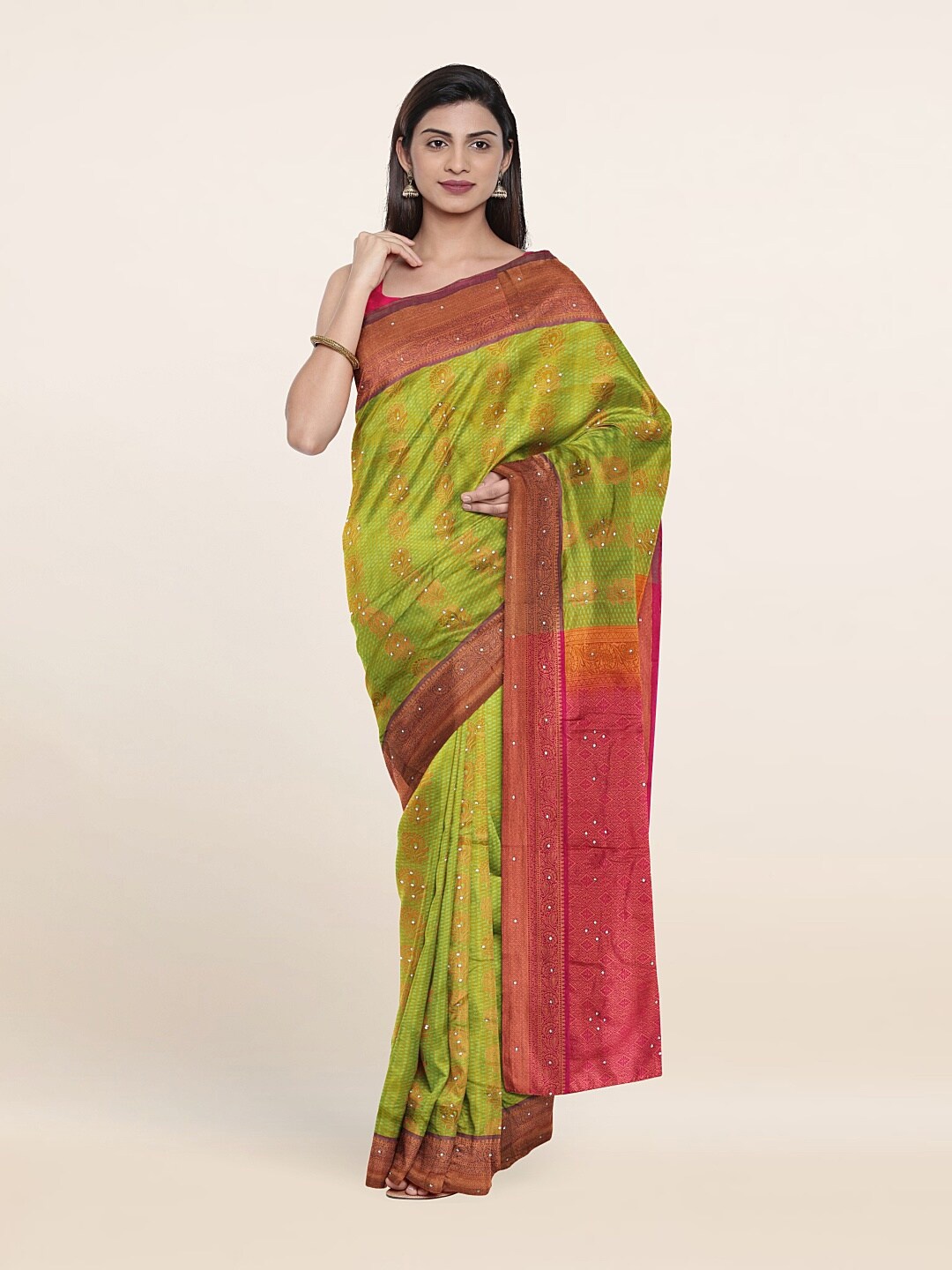 

Pothys Green & Red Floral Beads and Stones Pure Silk Saree