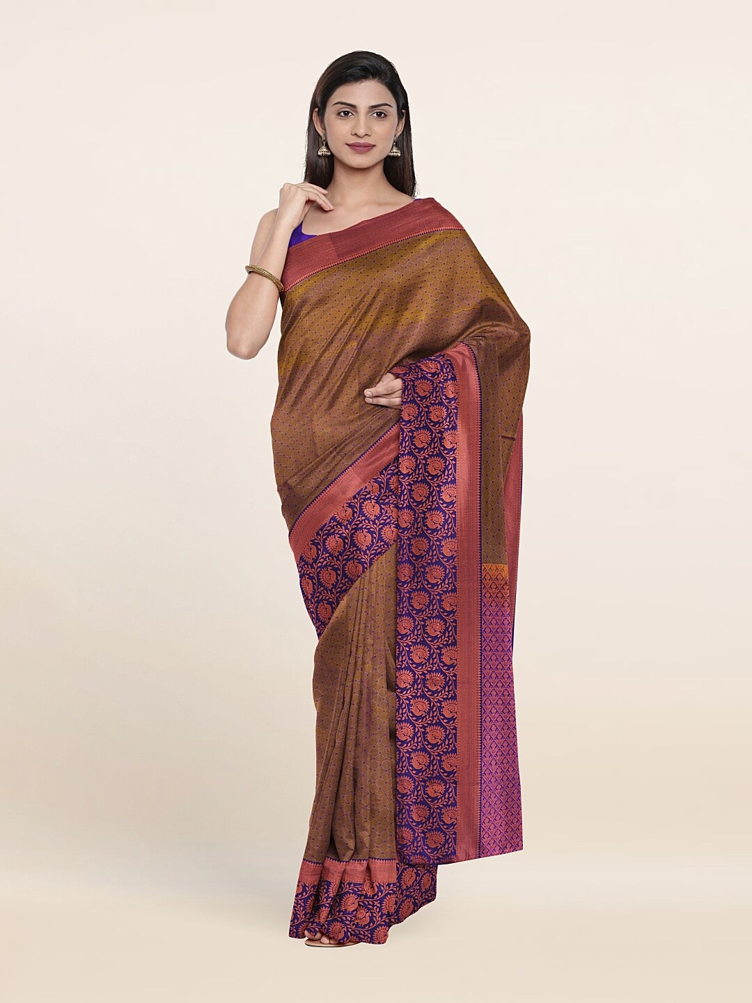 

Pothys Violet & Golden Floral Zari Pure Silk Saree