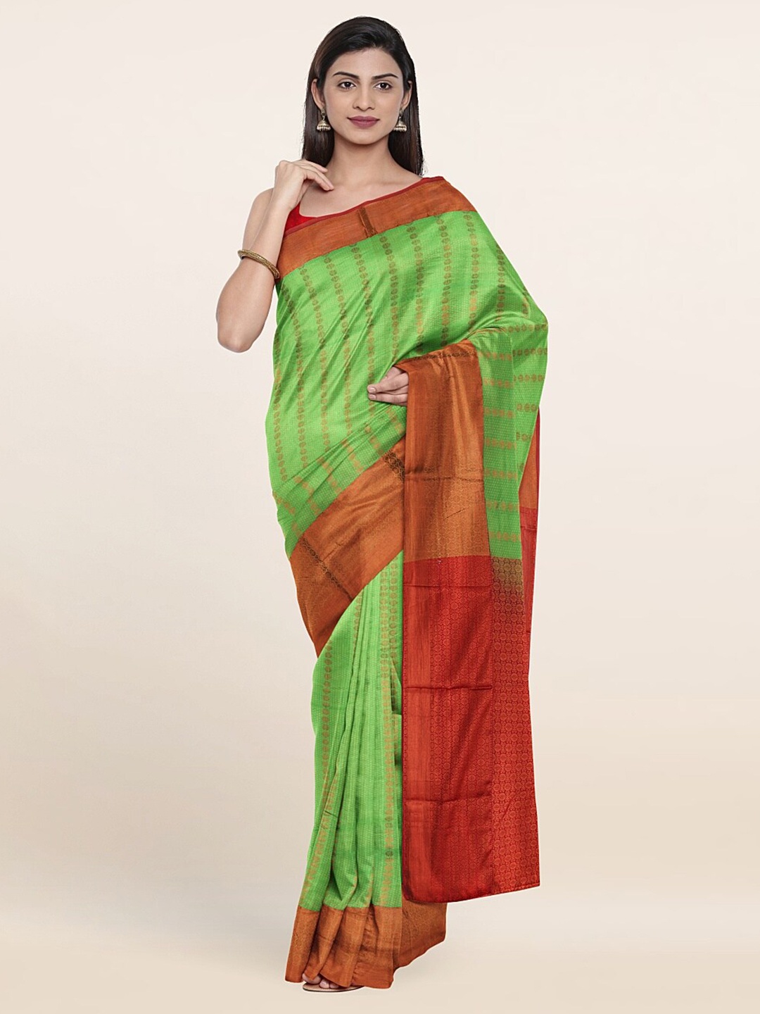

Pothys Green & Red Floral Zari Pure Silk Saree