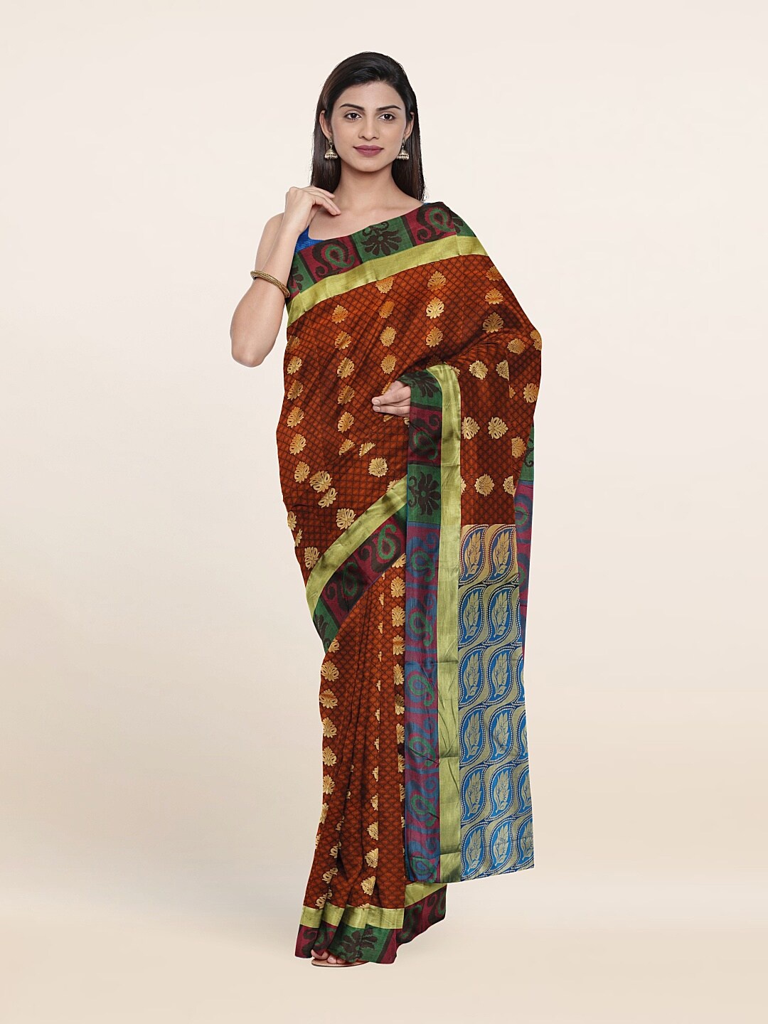 

Pothys Rust & Golden Floral Zari Pure Silk Saree