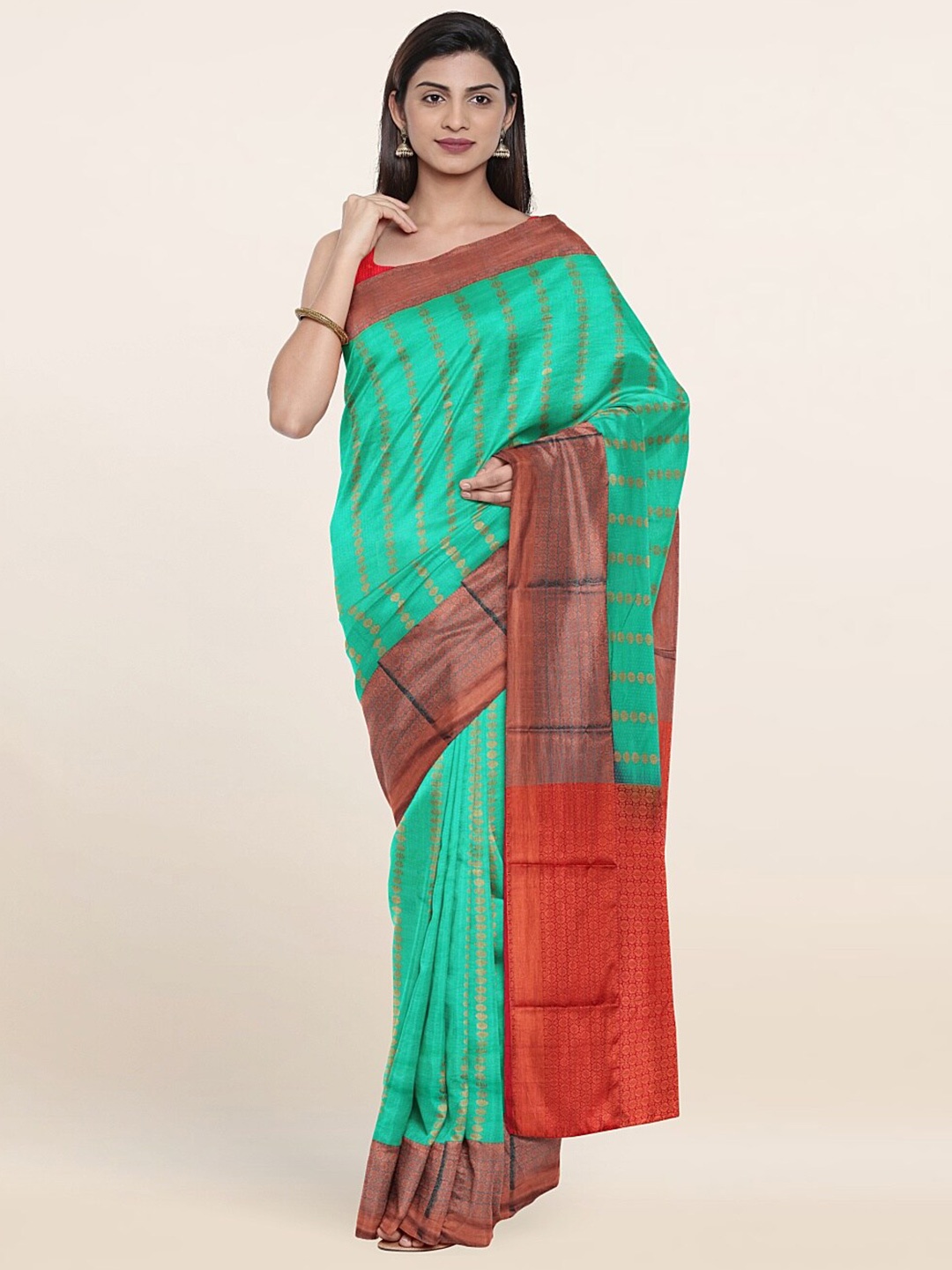 

Pothys Green & Peach-Coloured Floral Zari Pure Silk Saree