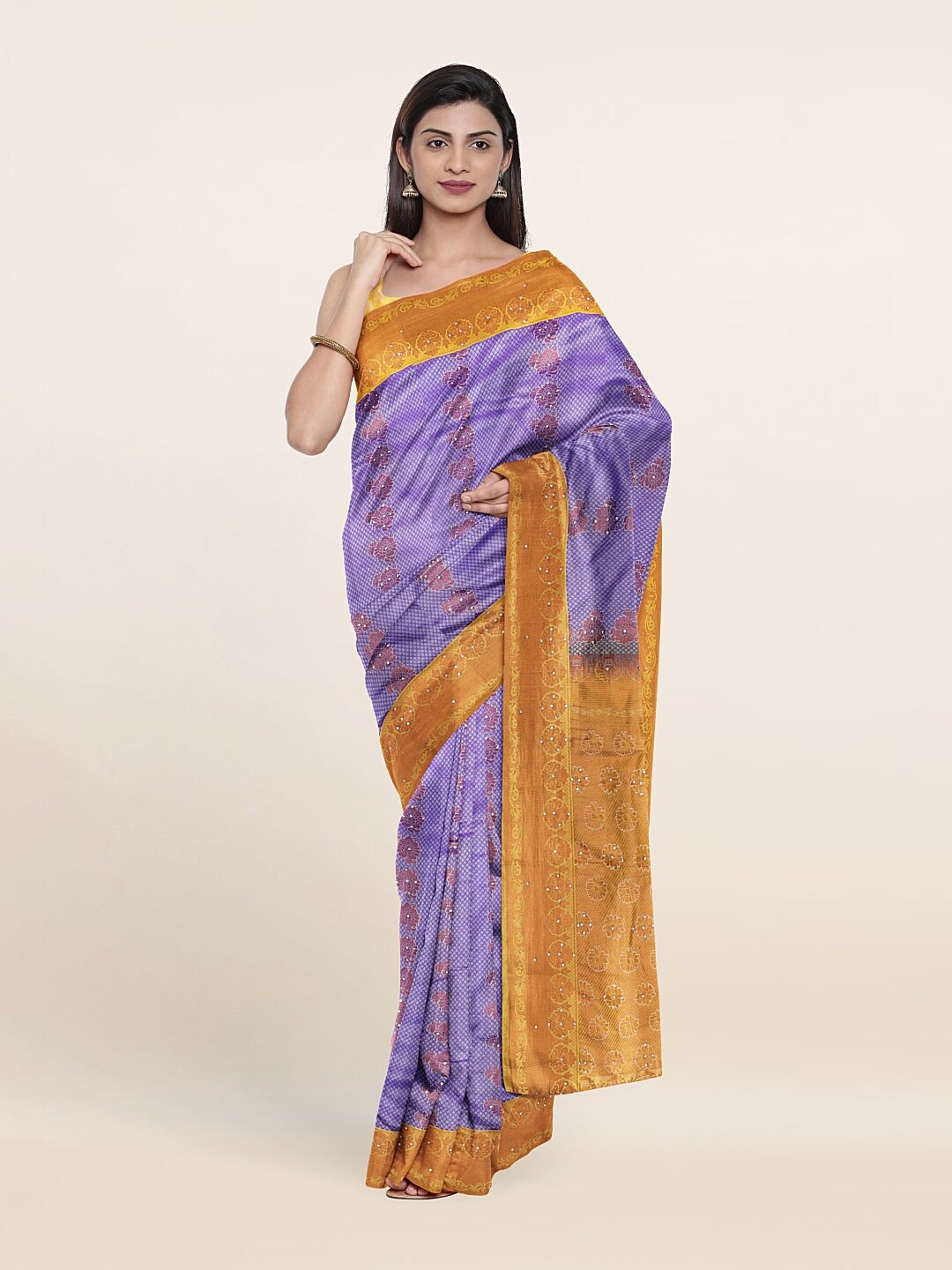 

Pothys Lavender & Gold-Toned Floral Zari Pure Silk Saree