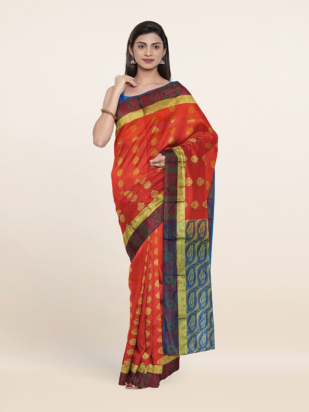 

Pothys Orange & Blue Floral Zari Pure Silk Saree