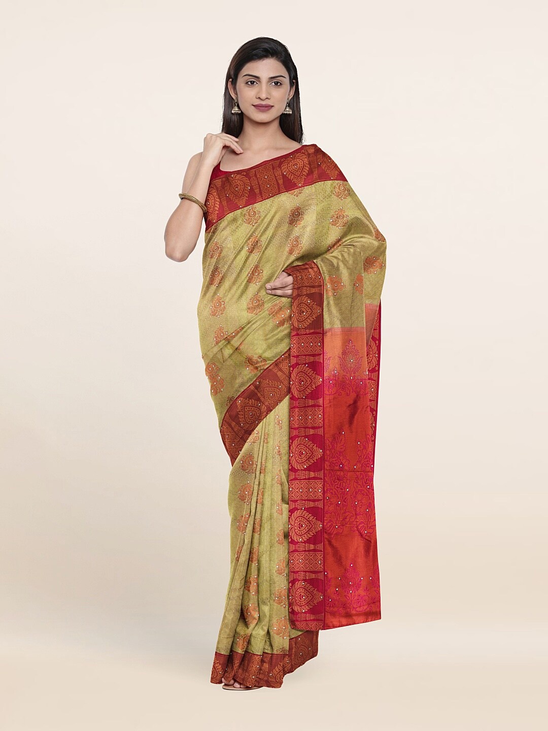 

Pothys Cream-Coloured & Brown Woven Design Pure Silk Saree