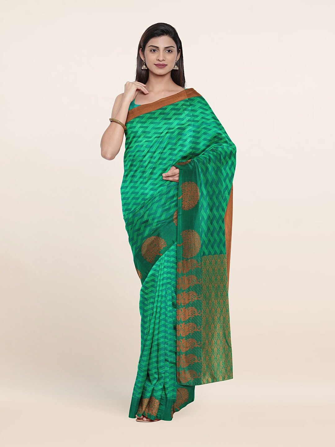 

Pothys Green & Orange Printed Zari Pure Silk Saree
