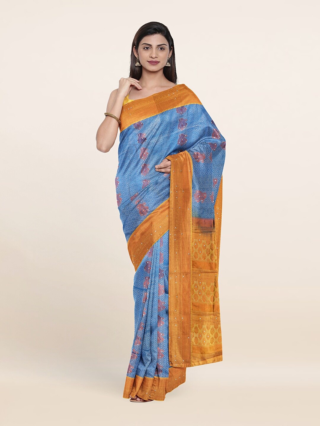 

Pothys Blue & Yellow Ethnic Motifs Pure Silk Saree