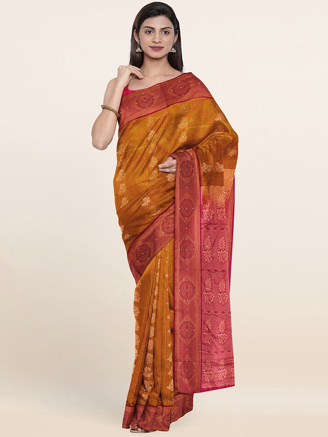 

Pothys Gold-Toned & Brown Embellished Zari Pure Silk Saree