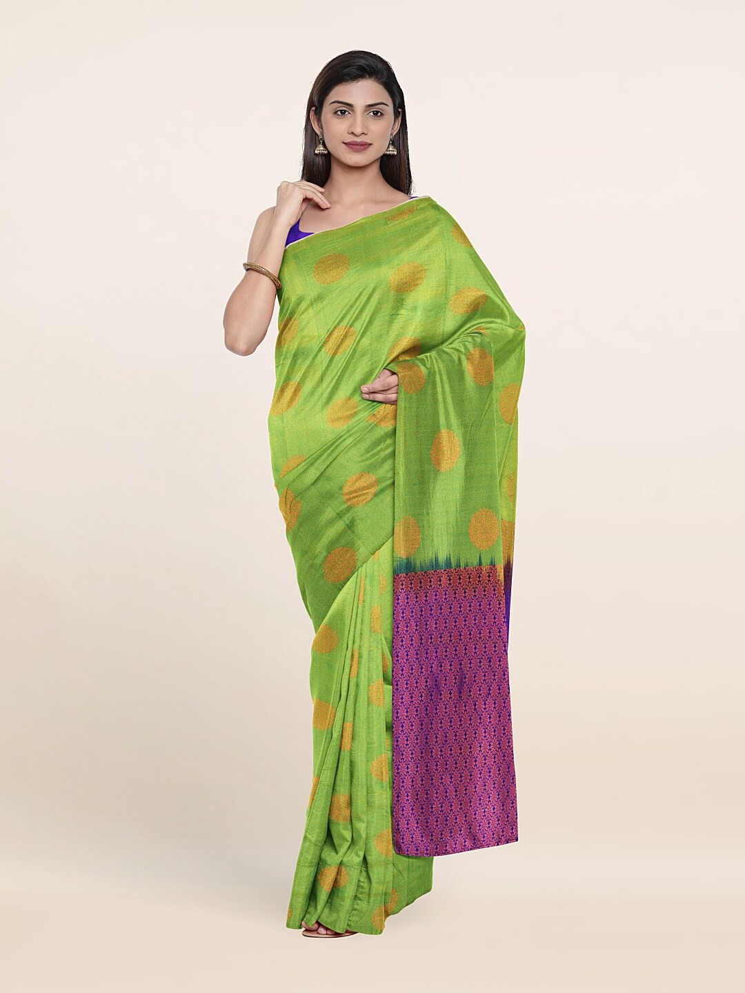 

Pothys Green & Purple Ethnic Motifs Zari Pure Silk Saree