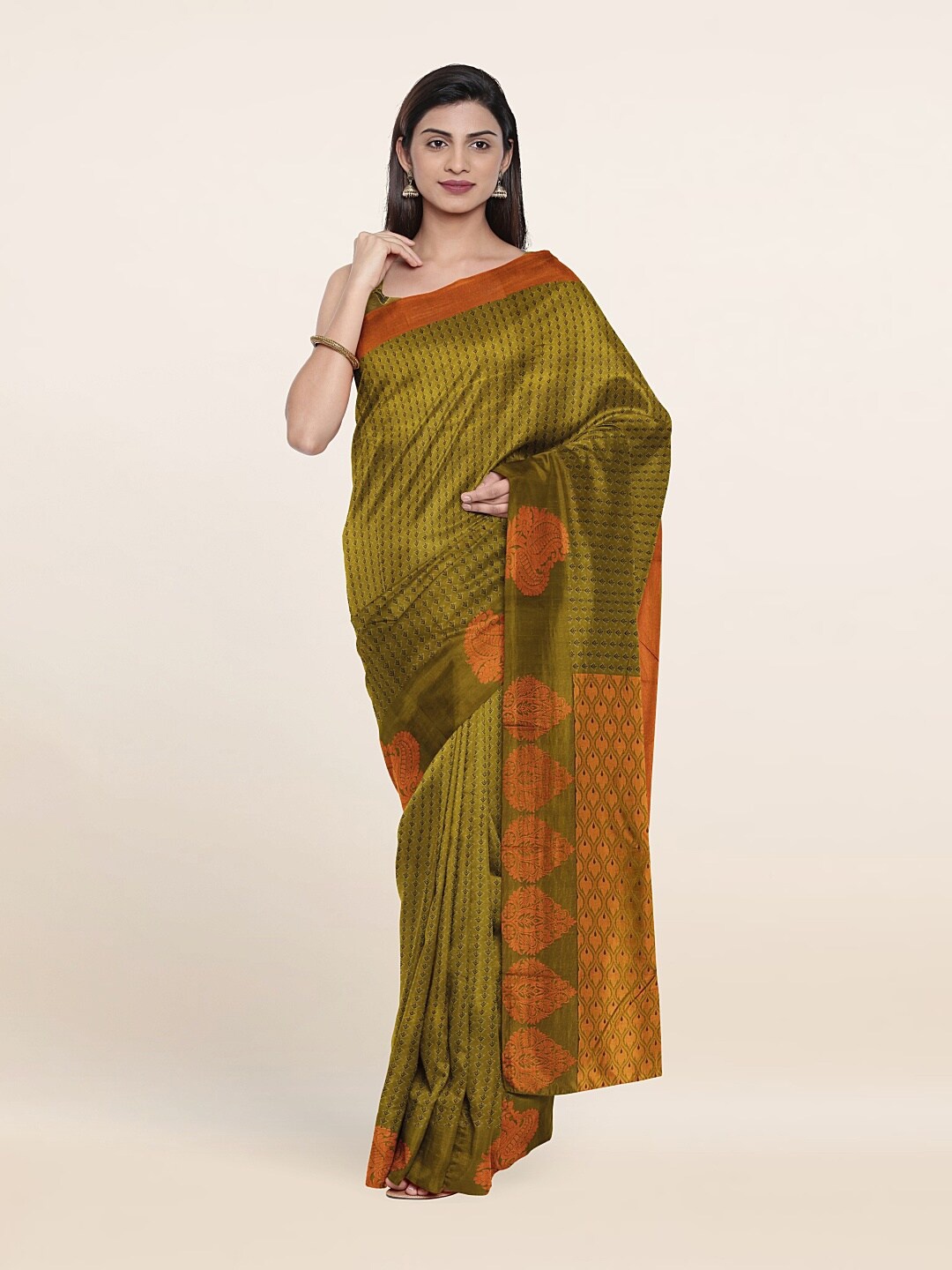 

Pothys Green & Orange Woven Design Pure Silk Saree