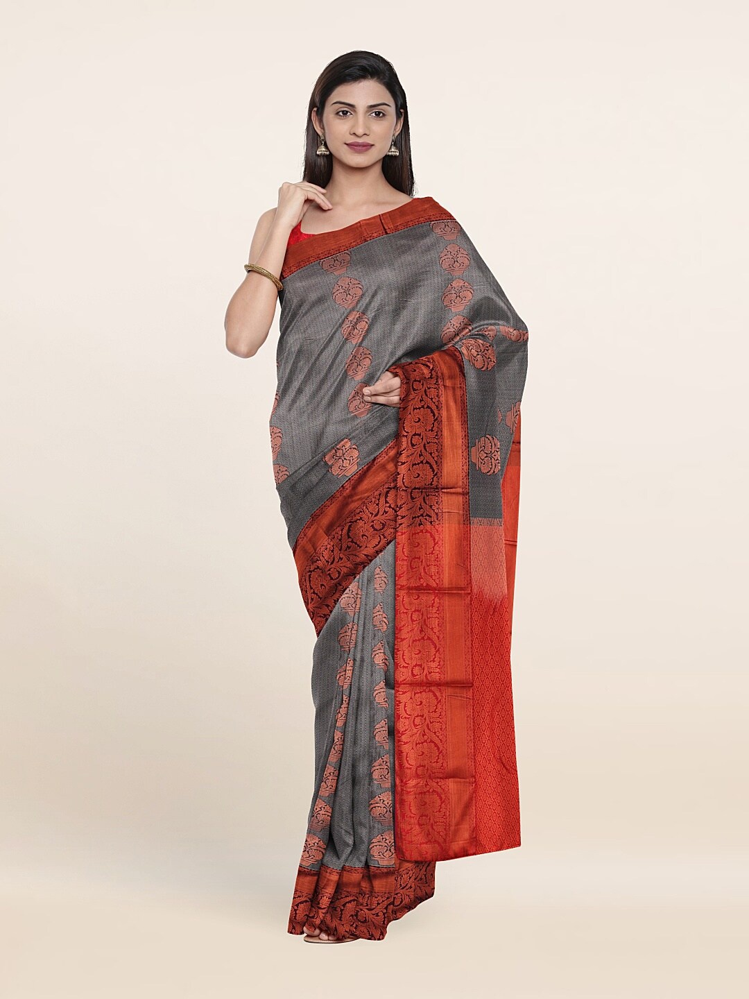 

Pothys Grey & Red Woven Design Zari Pure Silk Saree