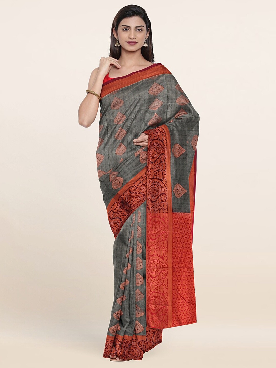 

Pothys Grey & Red Ethnic Motifs Zari Pure Silk Saree