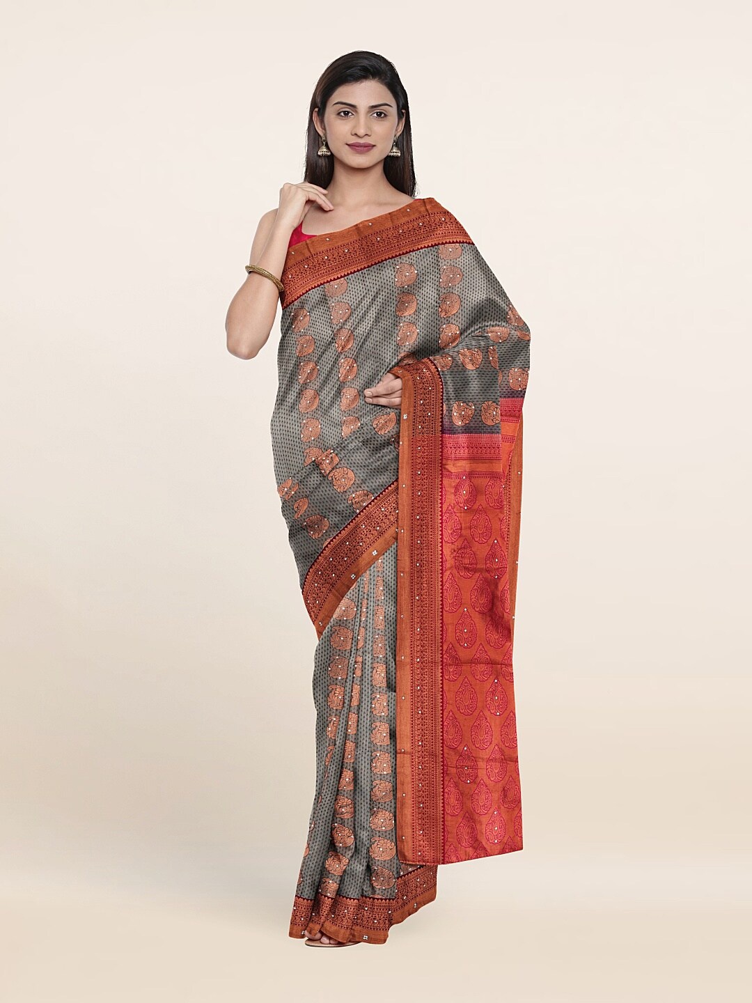 

Pothys Grey & Red Woven Design Pure Silk Saree