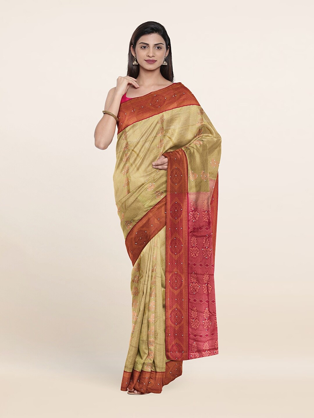 

Pothys Green & Red Embellished Beads and Stones Pure Silk Saree