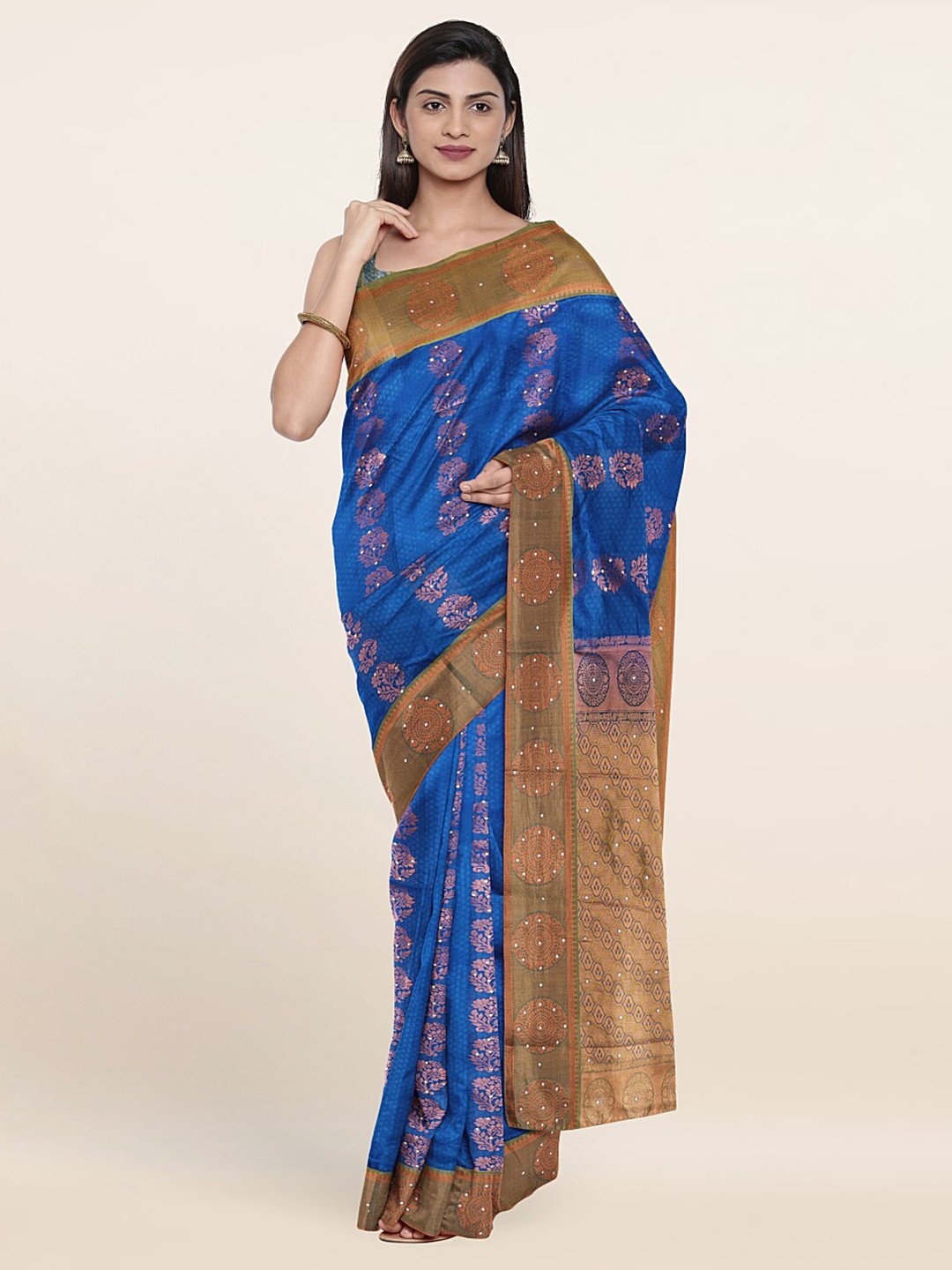 

Pothys Blue & Peach-Coloured Ethnic Motifs Sequinned Pure Silk Saree