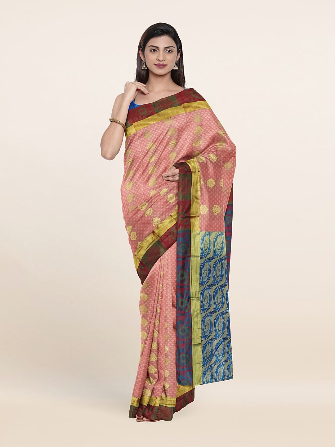 

Pothys Pink & Green Ethnic Motifs Zari Pure Silk Saree