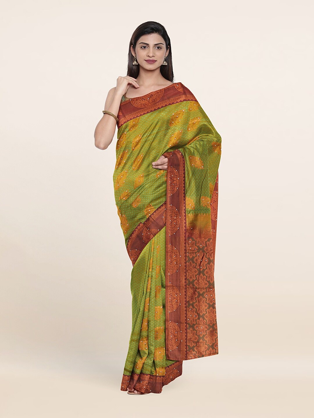 

Pothys Green & Brown Ethnic Motifs Sequinned Pure Silk Saree