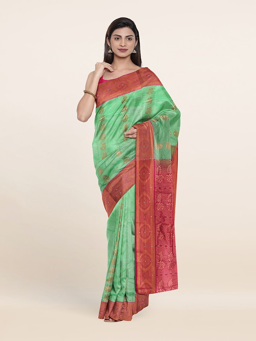 

Pothys Green & Red Woven Design Pure Silk Saree