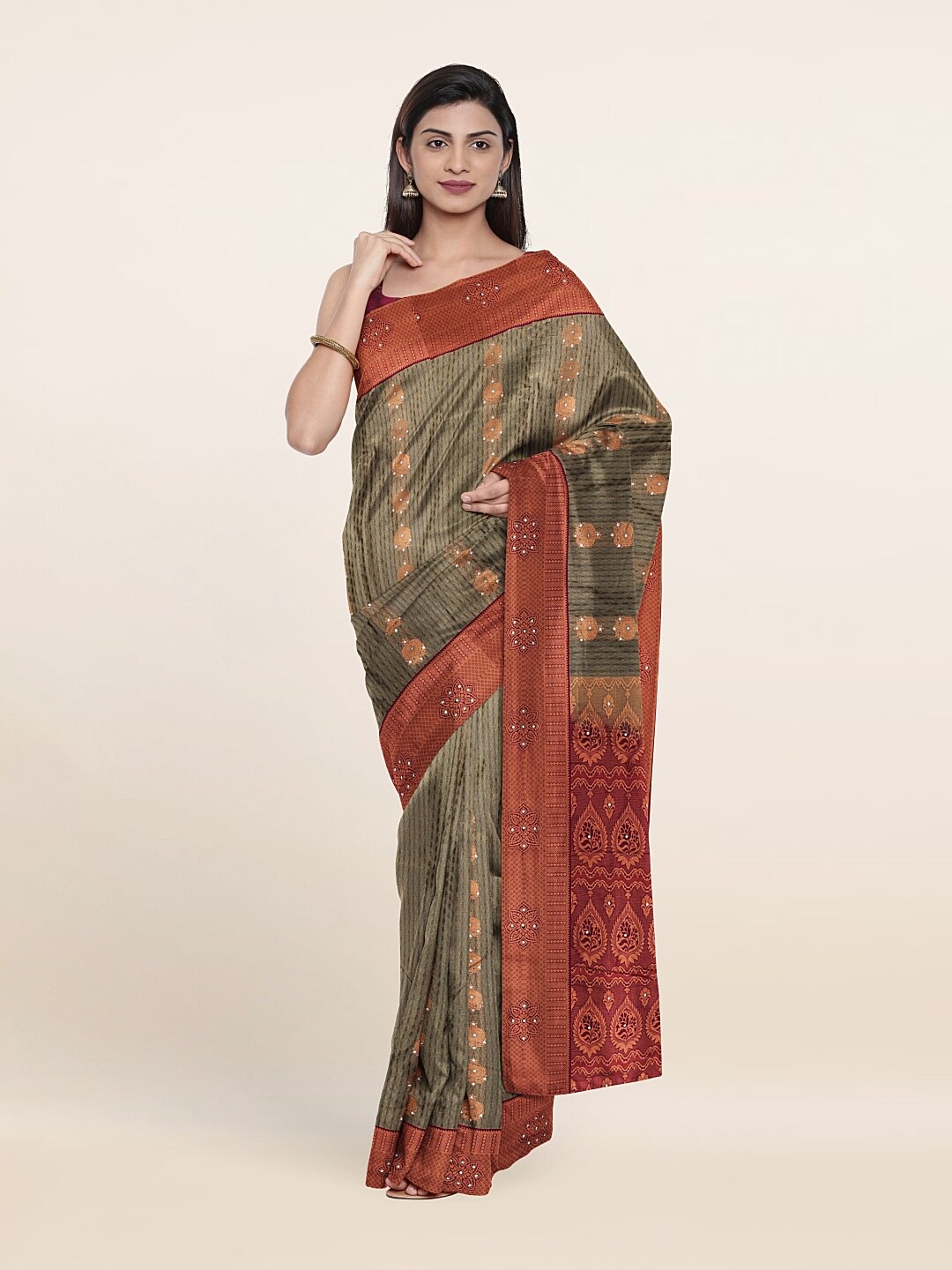 

Pothys Grey & Maroon Ethnic Motifs Sequinned Pure Silk Saree