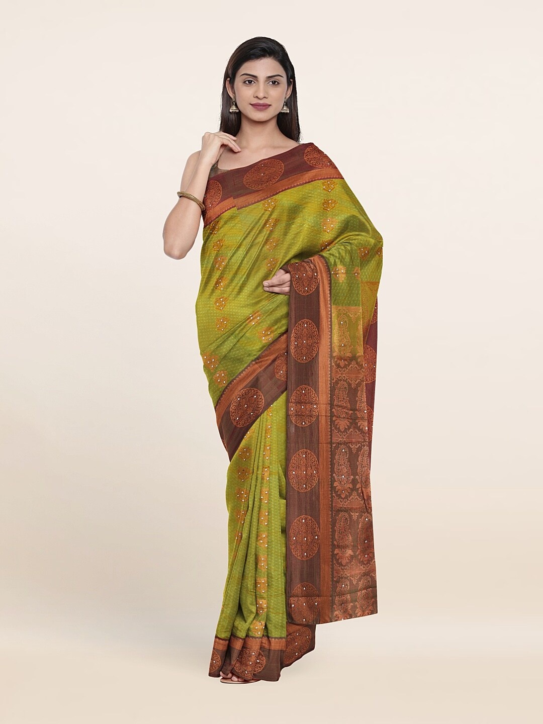 

Pothys Green & Brown Ethnic Motifs Sequinned Pure Silk Saree