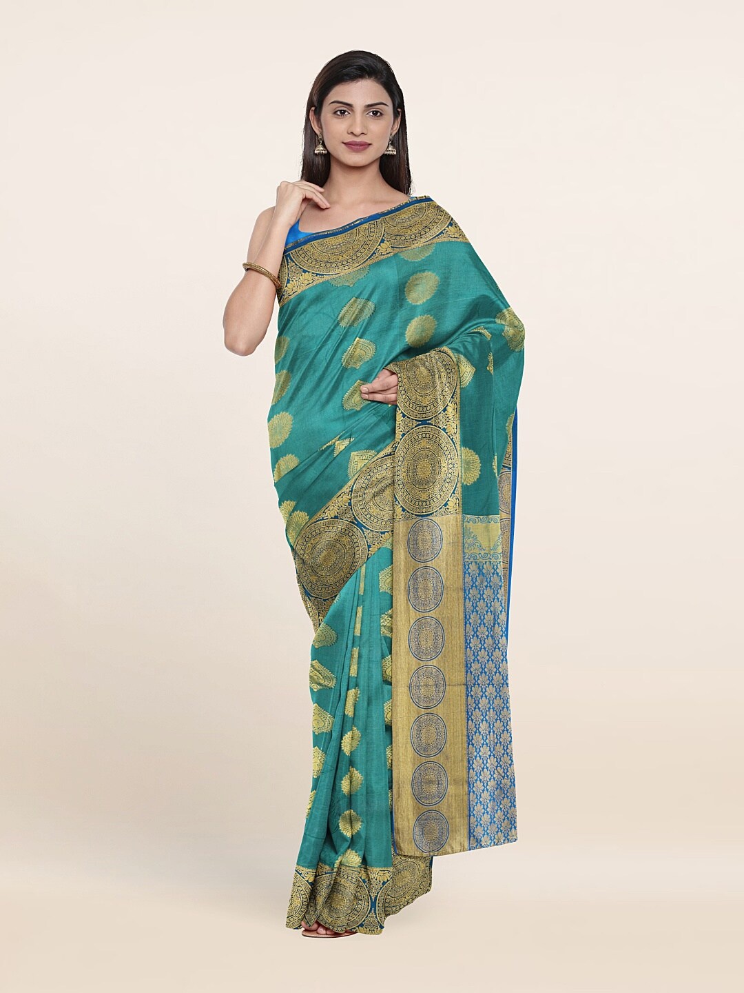 

Pothys Turquoise Blue & Gold-Toned Ethnic Motifs Zari Pure Silk Saree