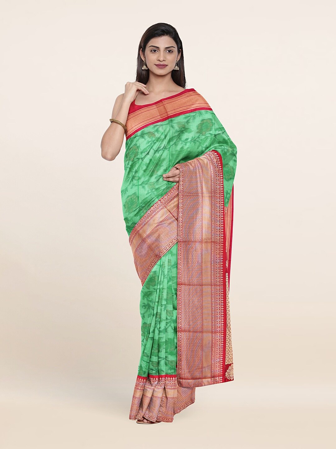 

Pothys Green & Red Floral Zari Pure Silk Saree