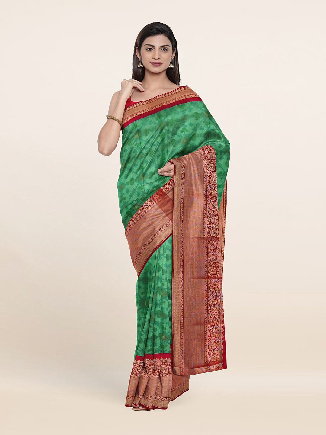 

Pothys Green & Red Zari Pure Silk Saree