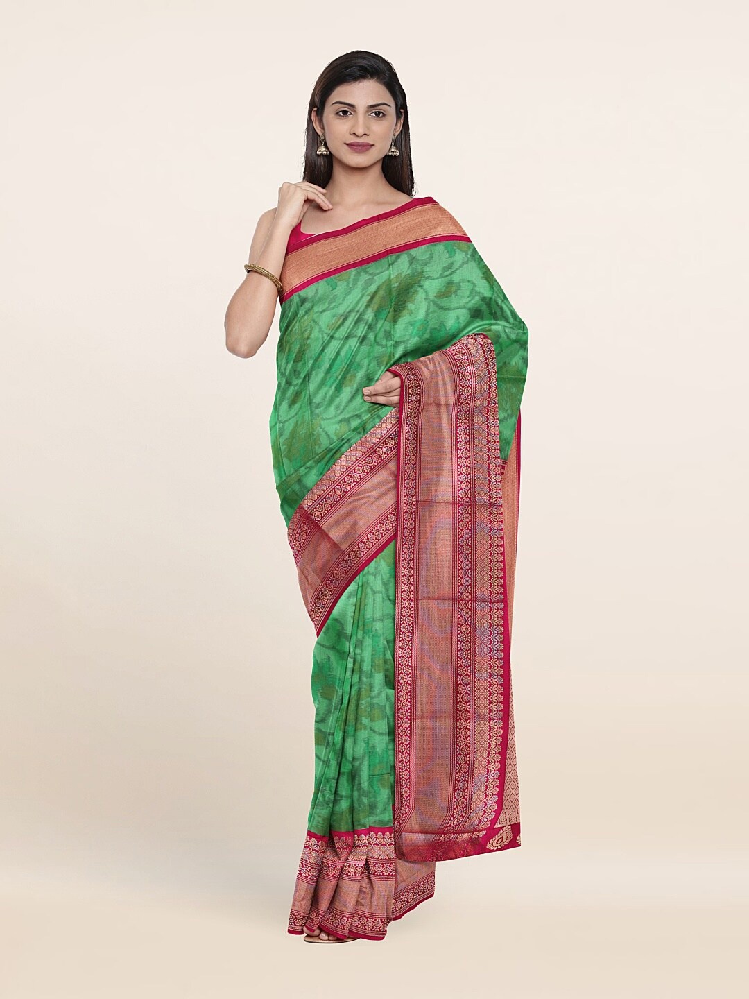 

Pothys Green & Maroon Floral Zari Pure Silk Saree