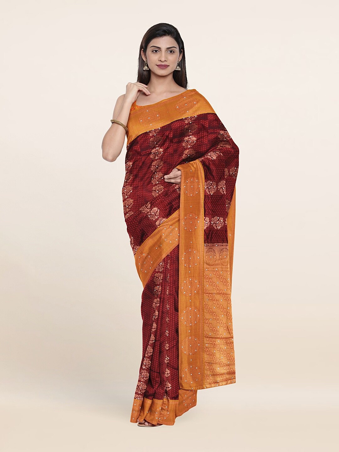 

Pothys Maroon & Mustard Ethnic Motifs Sequinned Pure Silk Saree