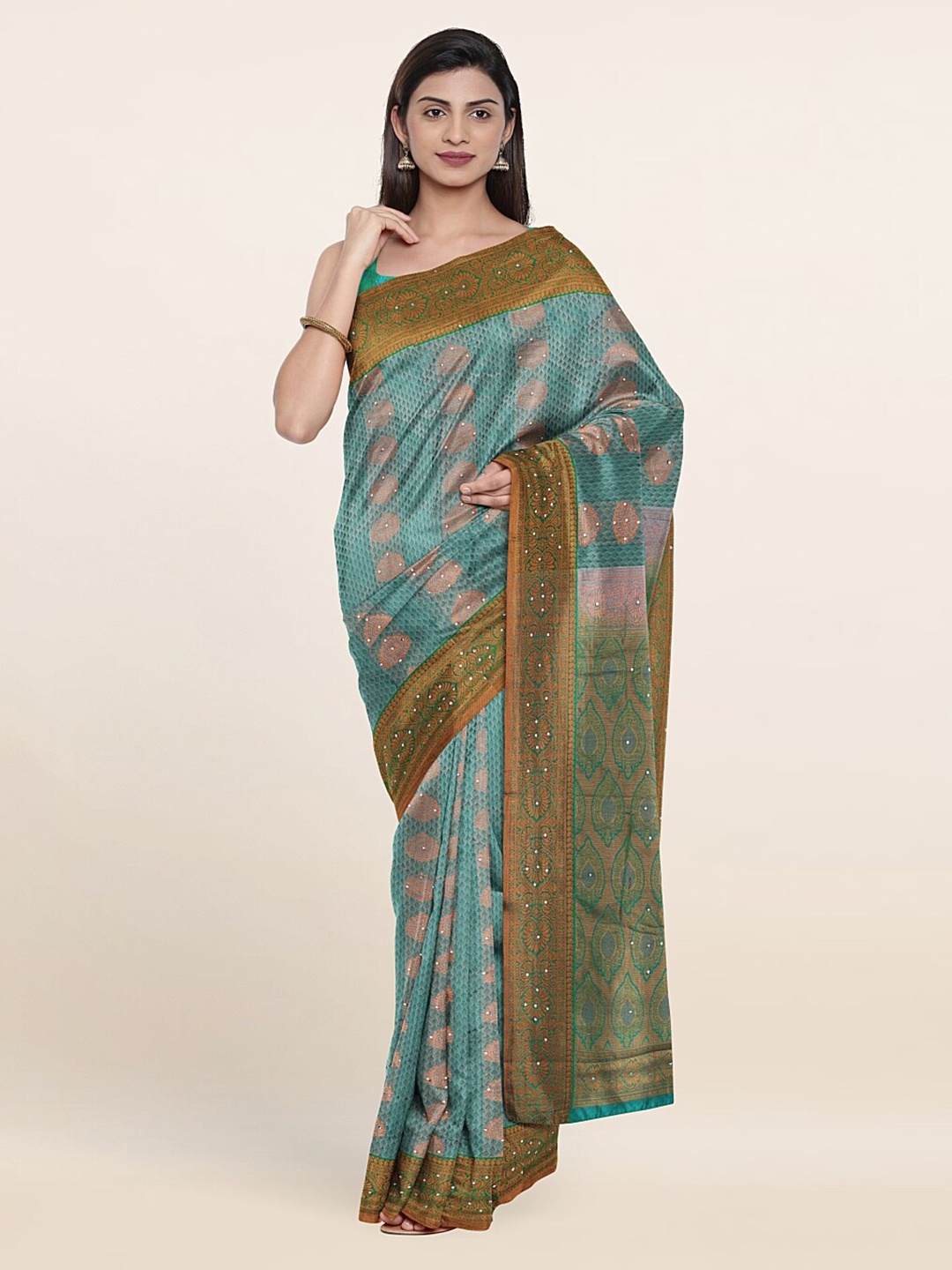 

Pothys Green & Blue Ethnic Motifs Zari Pure Silk Saree