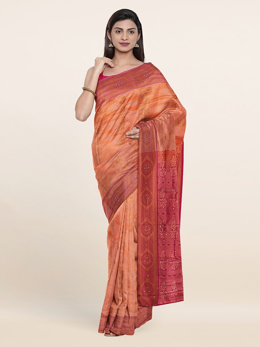 

Pothys Peach-Coloured & Maroon Ethnic Motifs Pure Silk Saree