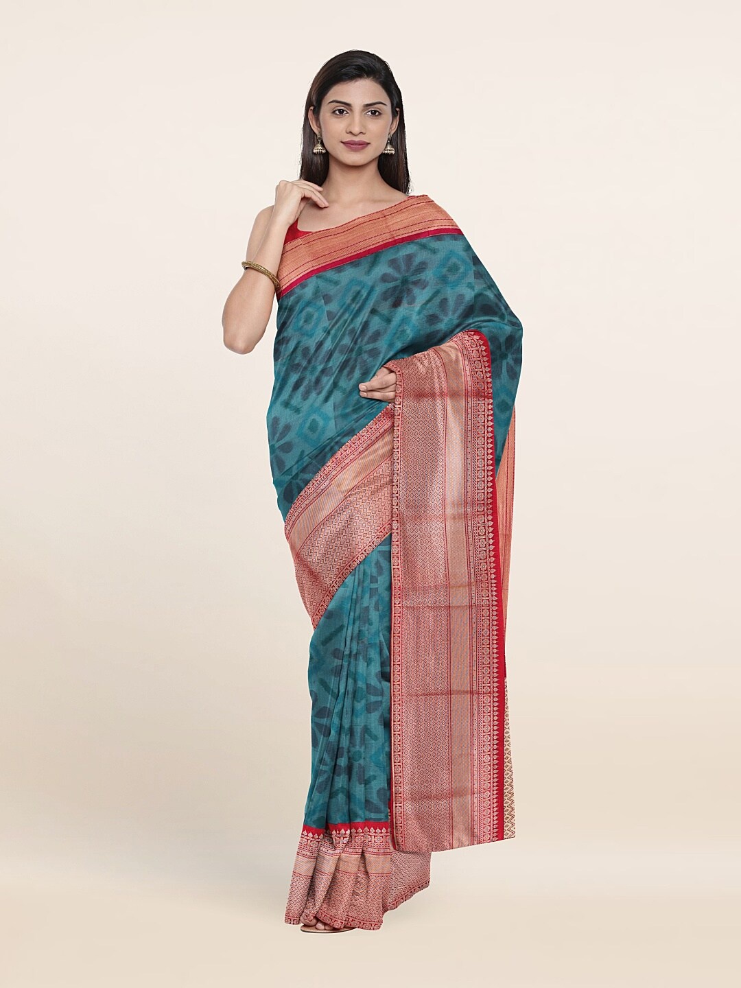 

Pothys Blue & Red Floral Zari Pure Silk Saree