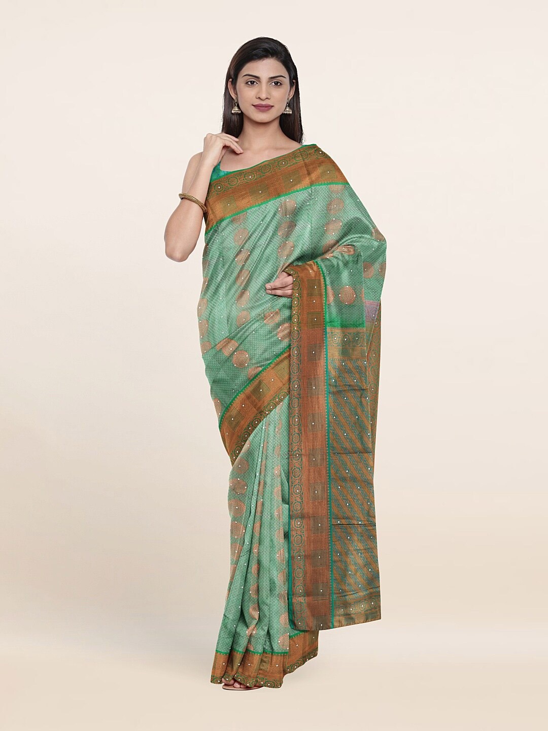 

Pothys Green & Gold-Toned Ethnic Motifs Sequinned Pure Silk Saree