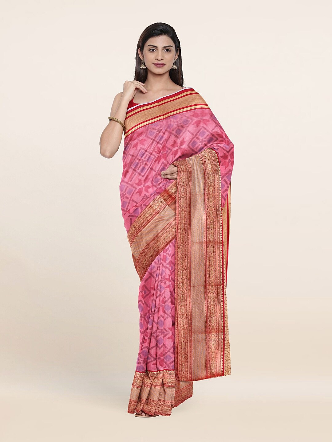 

Pothys Pink & Red Woven Design Zari Pure Silk Saree