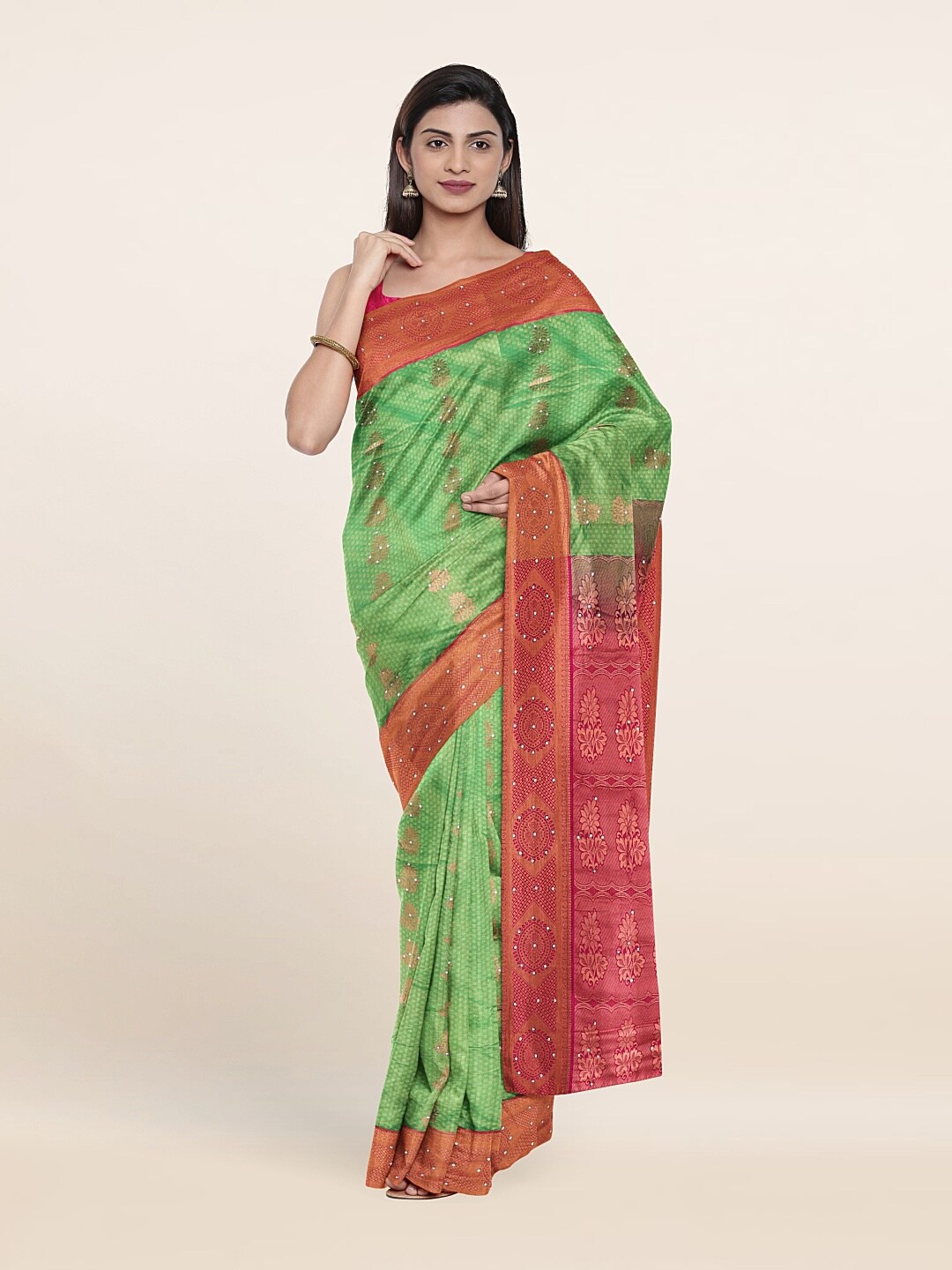 

Pothys Green Ethnic Motifs Sequinned Pure Silk Saree