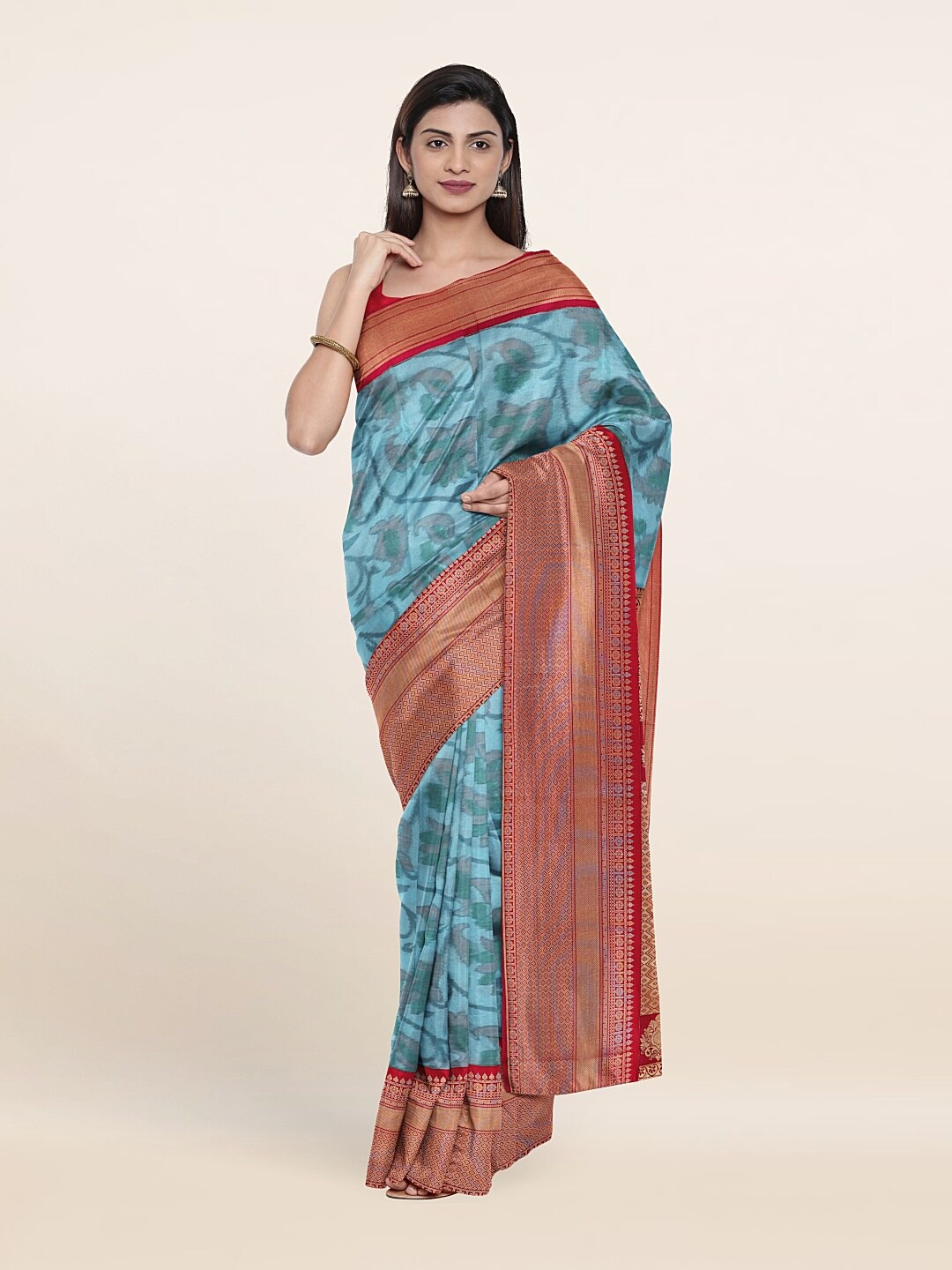 

Pothys Blue & Red Floral Zari Pure Silk Saree