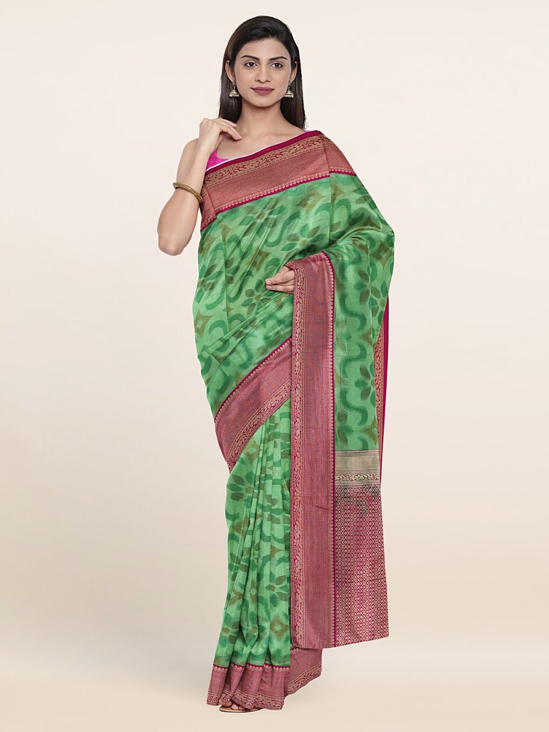 

Pothys Green & Maroon Floral Zari Pure Silk Saree
