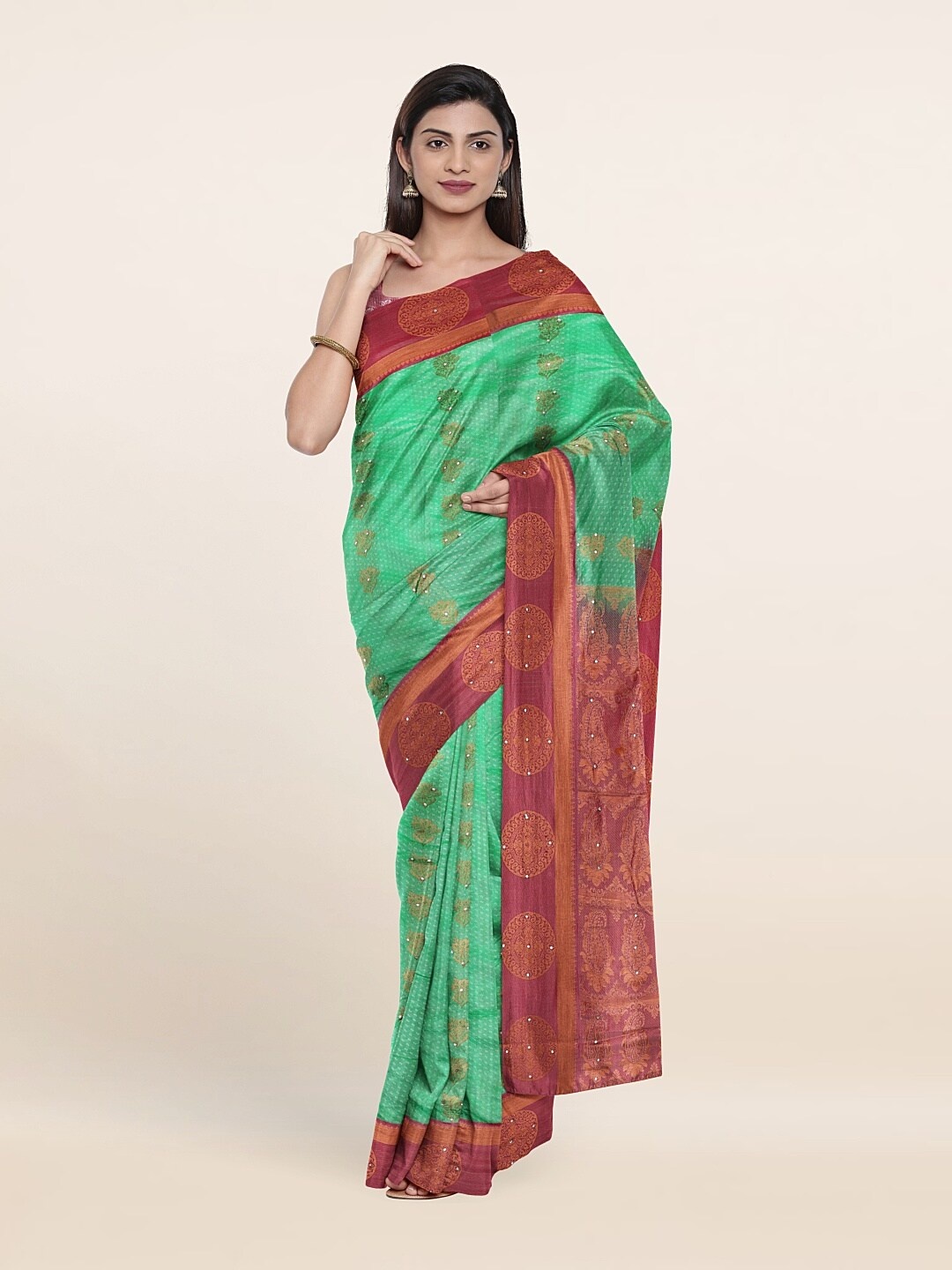 

Pothys Sea Green & Pink Ethnic Motifs Sequinned Pure Silk Saree