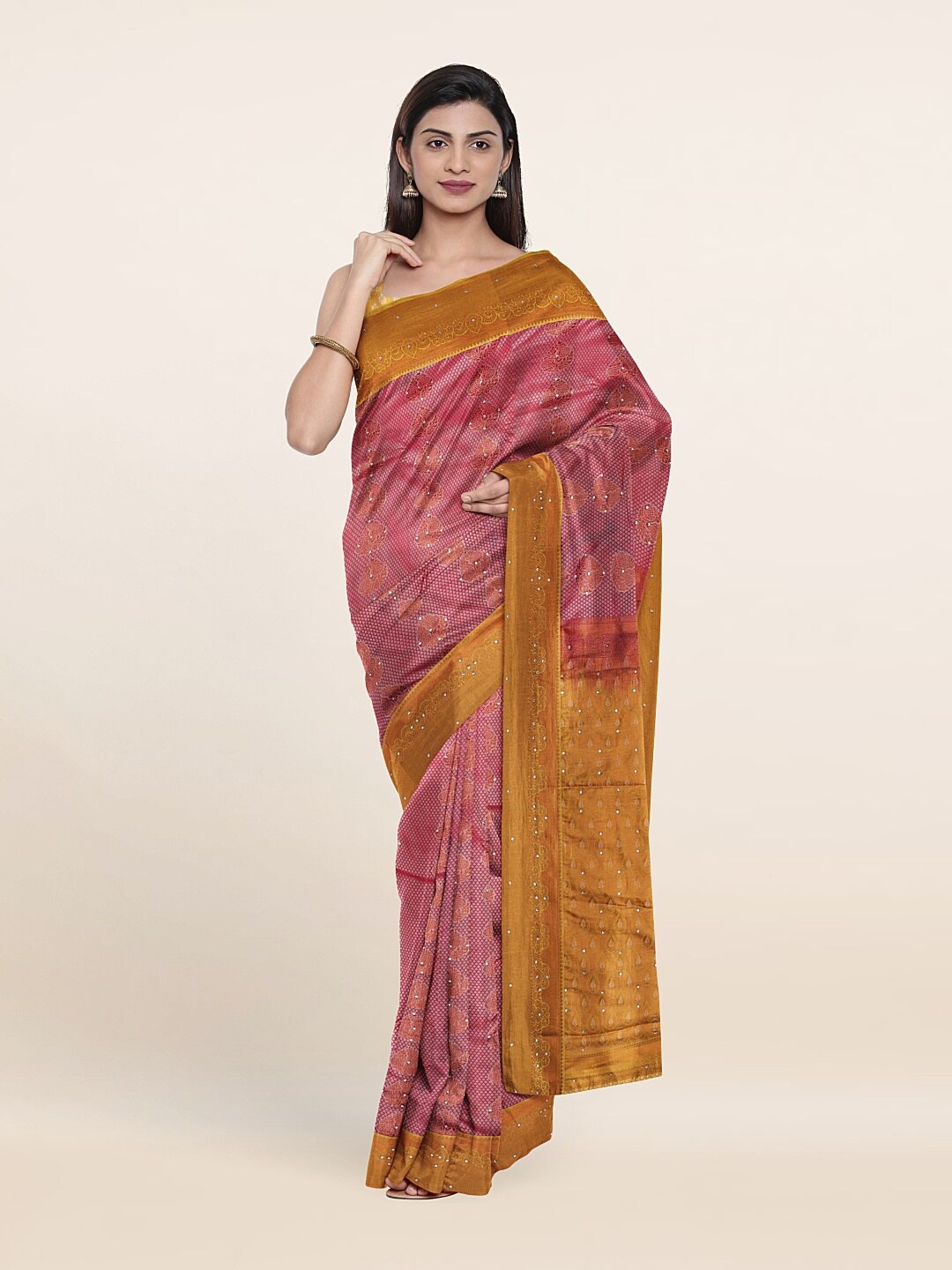

Pothys Pink & Yellow Floral Zari Pure Silk Saree